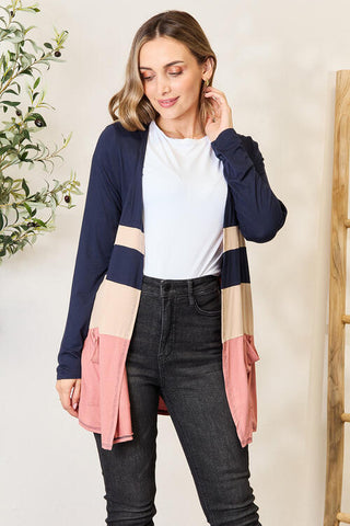Shop e.Luna Full Size Color Block Contrast Open Cardigan Now On Klozey Store - Trendy U.S. Premium Women Apparel & Accessories And Be Up-To-Fashion!