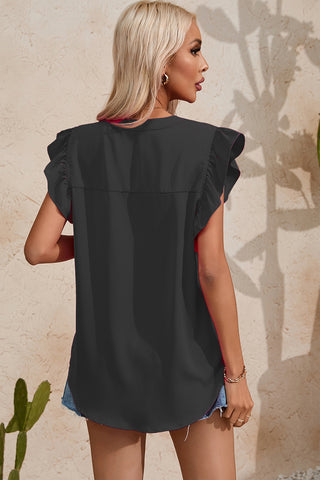 Shop Ruffled Notched Cap Sleeve Blouse Now On Klozey Store - Trendy U.S. Premium Women Apparel & Accessories And Be Up-To-Fashion!