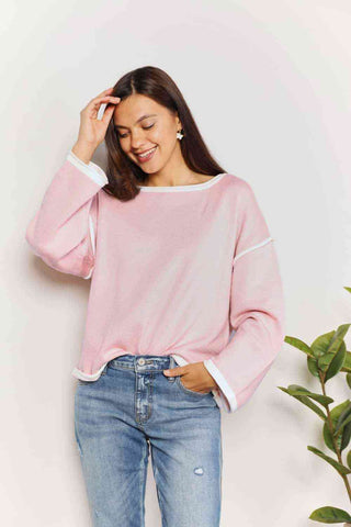 Shop Double Take Contrast Detail Dropped Shoulder Knit Top Now On Klozey Store - Trendy U.S. Premium Women Apparel & Accessories And Be Up-To-Fashion!