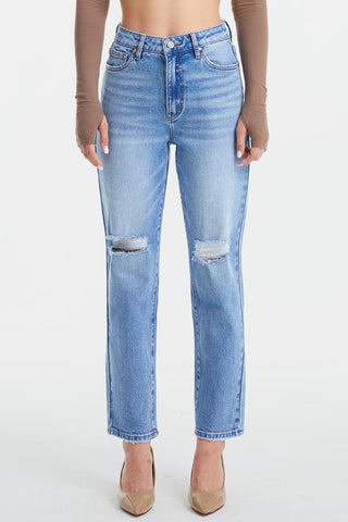 Shop BAYEAS High Waist Distressed Cat's Whiskers Washed Straight Jeans Now On Klozey Store - Trendy U.S. Premium Women Apparel & Accessories And Be Up-To-Fashion!