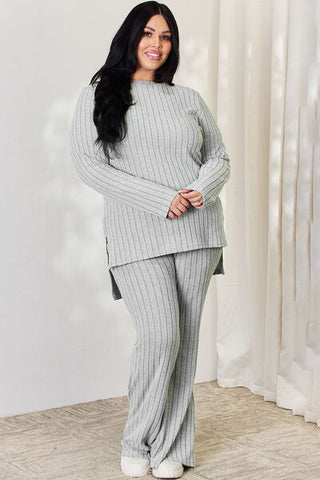 Shop Basic Bae Full Size Ribbed High-Low Top and Wide Leg Pants Set Now On Klozey Store - Trendy U.S. Premium Women Apparel & Accessories And Be Up-To-Fashion!