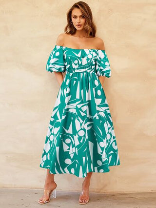 Shop Printed Off-Shoulder Balloon Sleeve Dress Now On Klozey Store - Trendy U.S. Premium Women Apparel & Accessories And Be Up-To-Fashion!