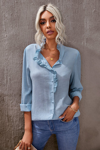 Shop Eyelet Ruffles Button Crinkled Shirt Now On Klozey Store - Trendy U.S. Premium Women Apparel & Accessories And Be Up-To-Fashion!