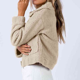 Shop Long Sleeve Collared Neck Sherpa Jacket Now On Klozey Store - Trendy U.S. Premium Women Apparel & Accessories And Be Up-To-Fashion!