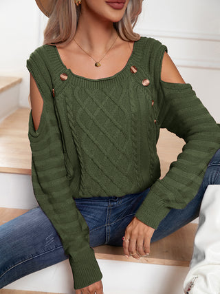 Shop Decorative Button Cold-Shoulder Sweater Now On Klozey Store - Trendy U.S. Premium Women Apparel & Accessories And Be Up-To-Fashion!