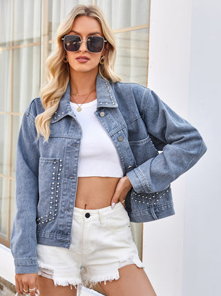 Shop Studded Long Sleeve Denim Jacket Now On Klozey Store - Trendy U.S. Premium Women Apparel & Accessories And Be Up-To-Fashion!
