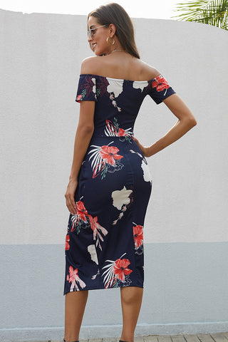 Shop Printed Off-Shoulder Slit Midi Dress Now On Klozey Store - Trendy U.S. Premium Women Apparel & Accessories And Be Up-To-Fashion!