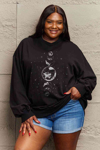 Shop Simply Love Full Size Earth & Moon Graphic Sweatshirt Now On Klozey Store - Trendy U.S. Premium Women Apparel & Accessories And Be Up-To-Fashion!
