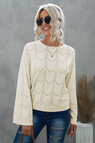 Shop Openwork Flare Sleeve Pullover Sweater Now On Klozey Store - Trendy U.S. Premium Women Apparel & Accessories And Be Up-To-Fashion!