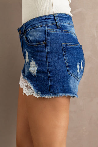 Shop Spliced Lace Distressed Denim Shorts Now On Klozey Store - Trendy U.S. Premium Women Apparel & Accessories And Be Up-To-Fashion!
