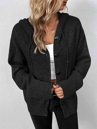 Shop Button Up Drawstring Long Sleeve Hooded Cardigan Now On Klozey Store - Trendy U.S. Premium Women Apparel & Accessories And Be Up-To-Fashion!