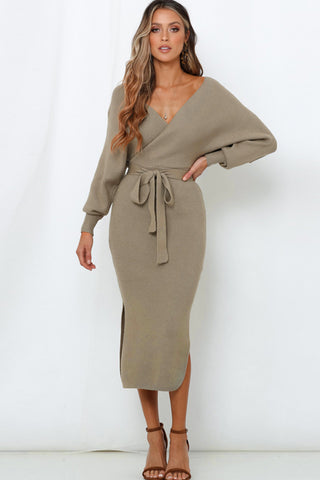 Shop Surplice Neck Bow Waist Slit Sweater Dress Now On Klozey Store - Trendy U.S. Premium Women Apparel & Accessories And Be Up-To-Fashion!
