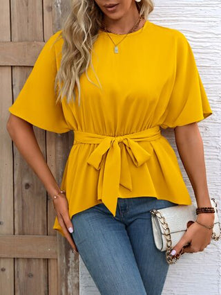 Shop Tied Round Neck Half Sleeve Blouse Now On Klozey Store - Trendy U.S. Premium Women Apparel & Accessories And Be Up-To-Fashion!