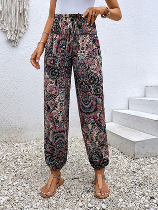 Shop Paisley Print Smocked High-Waist Pants Now On Klozey Store - Trendy U.S. Premium Women Apparel & Accessories And Be Up-To-Fashion!