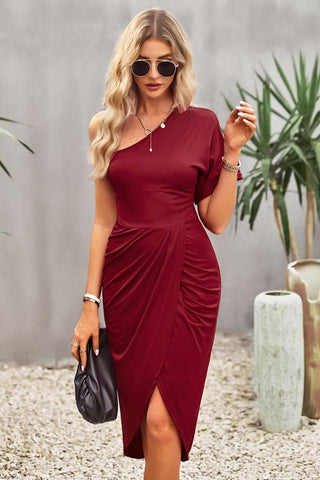 Shop Ruched One-Shoulder Tulip Hem Dress Now On Klozey Store - Trendy U.S. Premium Women Apparel & Accessories And Be Up-To-Fashion!