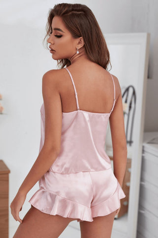 Shop Satin Cami, Ruffle Hem Shorts Pajama Set Now On Klozey Store - Trendy U.S. Premium Women Apparel & Accessories And Be Up-To-Fashion!