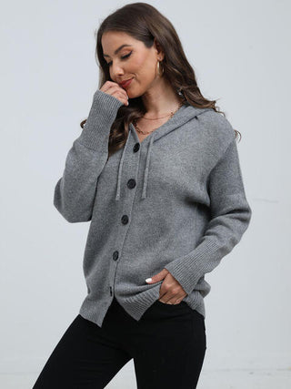 Shop Button Down Drawstring Hooded Cardigan Now On Klozey Store - Trendy U.S. Premium Women Apparel & Accessories And Be Up-To-Fashion!
