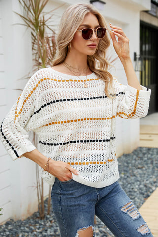 Shop Striped Openwork Three-Quarter Sleeve Knit Top Now On Klozey Store - Trendy U.S. Premium Women Apparel & Accessories And Be Up-To-Fashion!