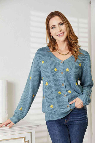 Shop HEYSON Full Size Floral Embroidered Cable Cardigan Now On Klozey Store - Trendy U.S. Premium Women Apparel & Accessories And Be Up-To-Fashion!