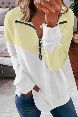 Shop Contrast Zip-Up Collared Neck Dropped Shoulder Blouse Now On Klozey Store - Trendy U.S. Premium Women Apparel & Accessories And Be Up-To-Fashion!