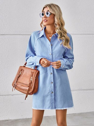 Shop Raw Hem Button Up Denim Dress Now On Klozey Store - Trendy U.S. Premium Women Apparel & Accessories And Be Up-To-Fashion!