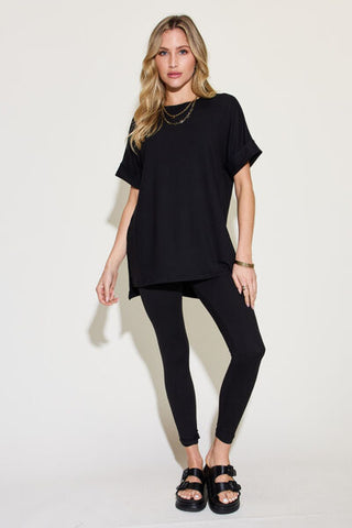 Shop Zenana Plus Size Short Sleeve Slit T-Shirt and Leggings Lounge Set Now On Klozey Store - Trendy U.S. Premium Women Apparel & Accessories And Be Up-To-Fashion!