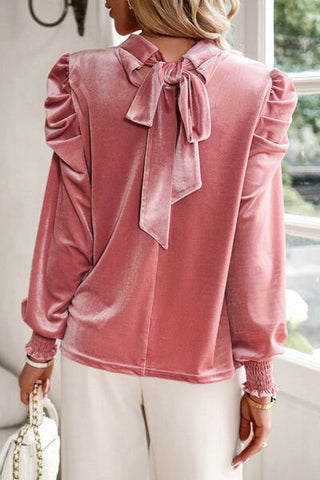 Shop Tie Up Mock Neck Velvet Fabric Long Sleeve Blouse Now On Klozey Store - Trendy U.S. Premium Women Apparel & Accessories And Be Up-To-Fashion!