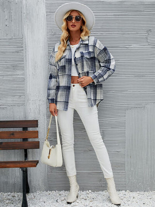 Shop Plaid Pocketed Button Up Dropped Shoulder Jacket Now On Klozey Store - Trendy U.S. Premium Women Apparel & Accessories And Be Up-To-Fashion!