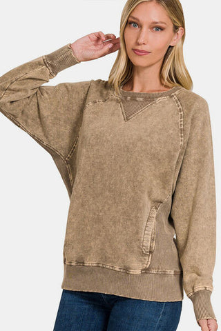 Shop Zenana Pocketed Round Neck Sweatshirt Now On Klozey Store - Trendy U.S. Premium Women Apparel & Accessories And Be Up-To-Fashion!