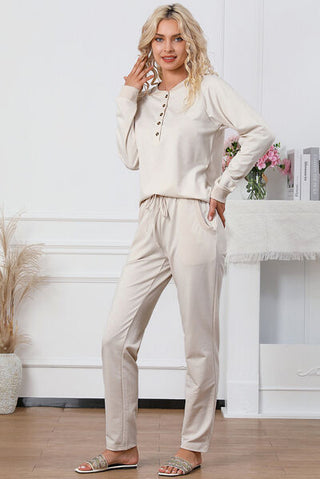 Shop Half Button Round Neck Top and Drawstring Pants Lounge Set Now On Klozey Store - Trendy U.S. Premium Women Apparel & Accessories And Be Up-To-Fashion!
