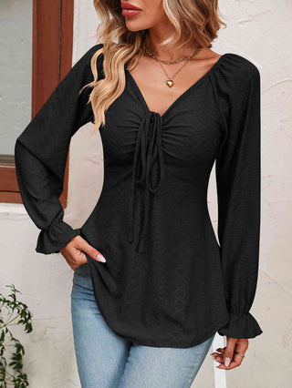 Shop Tie Front V-Neck Puff Sleeve Blouse Now On Klozey Store - Trendy U.S. Premium Women Apparel & Accessories And Be Up-To-Fashion!