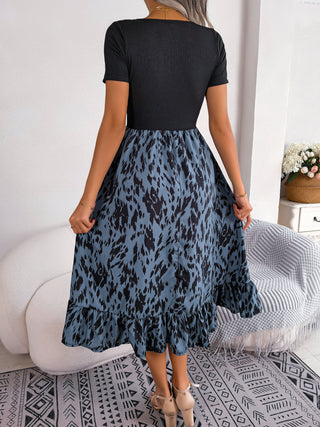 Shop Printed Round Neck Ruffle Hem Dress Now On Klozey Store - Trendy U.S. Premium Women Apparel & Accessories And Be Up-To-Fashion!