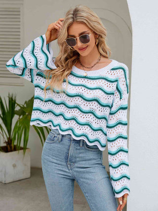 Shop Round Neck Openwork Flare Sleeve Knit Top Now On Klozey Store - Trendy U.S. Premium Women Apparel & Accessories And Be Up-To-Fashion!
