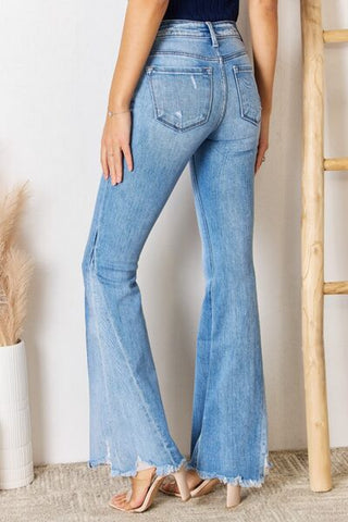 Shop Kancan Mid Rise Raw Hem Flare Jeans Now On Klozey Store - Trendy U.S. Premium Women Apparel & Accessories And Be Up-To-Fashion!