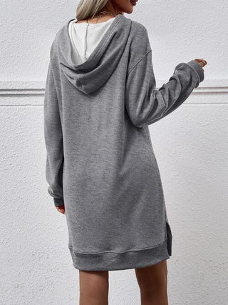 Shop Slit Long Sleeve Hooded Dress with Pocket Now On Klozey Store - Trendy U.S. Premium Women Apparel & Accessories And Be Up-To-Fashion!