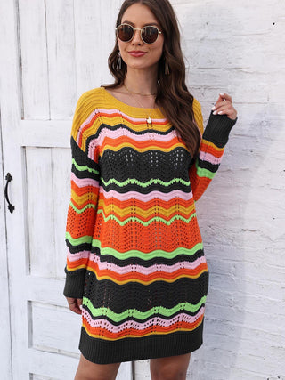 Shop Openwork Round Neck Sweater Dress Now On Klozey Store - Trendy U.S. Premium Women Apparel & Accessories And Be Up-To-Fashion!