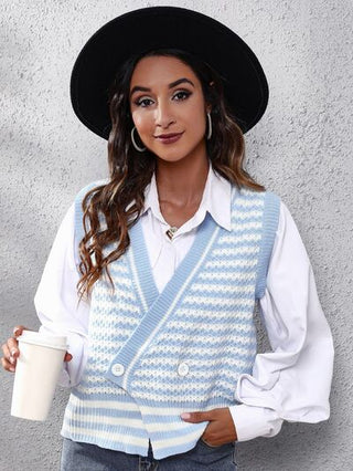 Shop Striped Button Up V-Neck Sweater Vest Now On Klozey Store - Trendy U.S. Premium Women Apparel & Accessories And Be Up-To-Fashion!