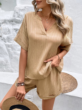 Shop Textured Notched Neck Top and Shorts Set Now On Klozey Store - Trendy U.S. Premium Women Apparel & Accessories And Be Up-To-Fashion!