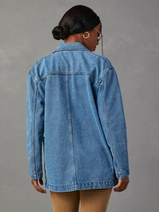 Shop Collared Neck Long Sleeve Denim Jacket Now On Klozey Store - Trendy U.S. Premium Women Apparel & Accessories And Be Up-To-Fashion!