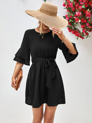 Shop Round Neck Tie Belt Flounce Sleeve Dress Now On Klozey Store - Trendy U.S. Premium Women Apparel & Accessories And Be Up-To-Fashion!