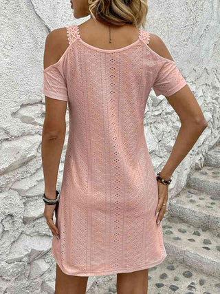Shop Eyelet V-Neck Cold-Shoulder Dress Now On Klozey Store - Trendy U.S. Premium Women Apparel & Accessories And Be Up-To-Fashion!
