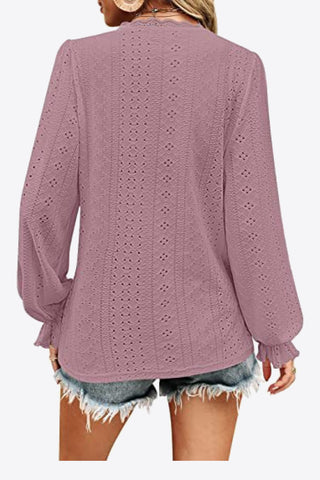 Shop Eyelet V-Neck Flounce Sleeve Blouse Now On Klozey Store - Trendy U.S. Premium Women Apparel & Accessories And Be Up-To-Fashion!