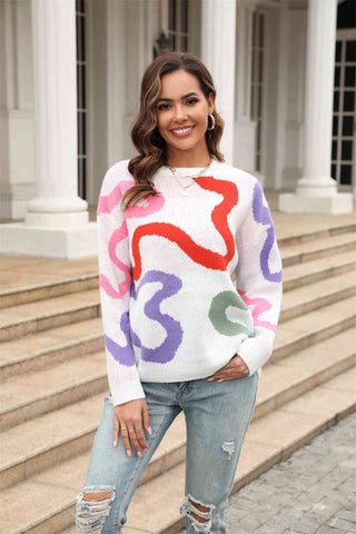 Shop Printed Round Neck Dropped Shoulder Pullover Sweater Now On Klozey Store - Trendy U.S. Premium Women Apparel & Accessories And Be Up-To-Fashion!