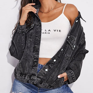 Shop Collared Neck Dropped Shoulder Button-Down Denim Jacket Now On Klozey Store - Trendy U.S. Premium Women Apparel & Accessories And Be Up-To-Fashion!