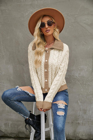 Shop Contrast Collared Neck Cable-Knit Cardigan Now On Klozey Store - Trendy U.S. Premium Women Apparel & Accessories And Be Up-To-Fashion!