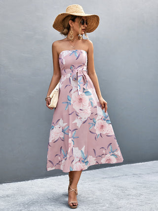 Shop Floral Print Tie Waist Straight Neck Midi Dress Now On Klozey Store - Trendy U.S. Premium Women Apparel & Accessories And Be Up-To-Fashion!