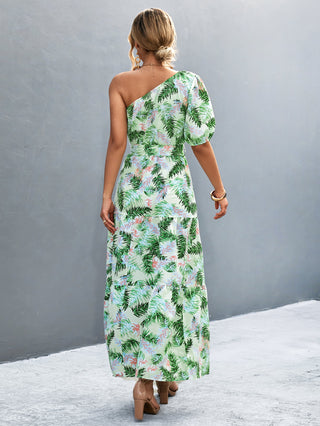 Shop Printed Tie Waist One Shoulder Maxi Dress Now On Klozey Store - Trendy U.S. Premium Women Apparel & Accessories And Be Up-To-Fashion!