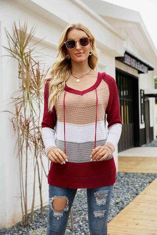 Shop Color Block Drawstring Hooded Sweater Now On Klozey Store - Trendy U.S. Premium Women Apparel & Accessories And Be Up-To-Fashion!