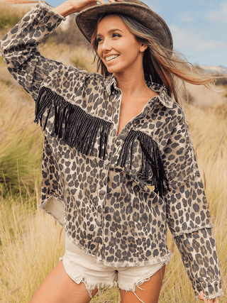 Shop Leopard Fringe Detail Collared Neck Denim Jacket Now On Klozey Store - Trendy U.S. Premium Women Apparel & Accessories And Be Up-To-Fashion!