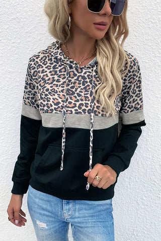 Shop Leopard Color Block Long Sleeve Drawstring Hoodie Now On Klozey Store - Trendy U.S. Premium Women Apparel & Accessories And Be Up-To-Fashion!